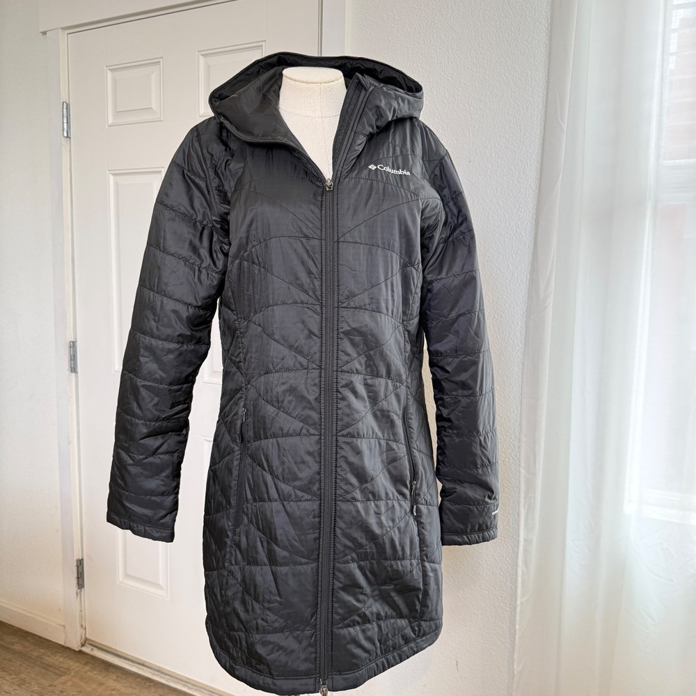 Columbia Black Long Hooded Quilted Coat Womens L Omni-Heat Puffer Parka Jacket